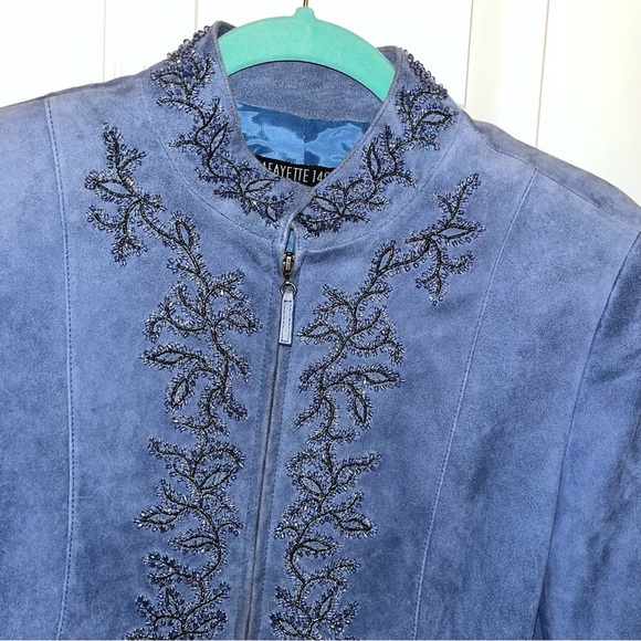 Lafayette 148 New York blue beaded suede blazer jacket zip front 10 - Picture 4 of 7